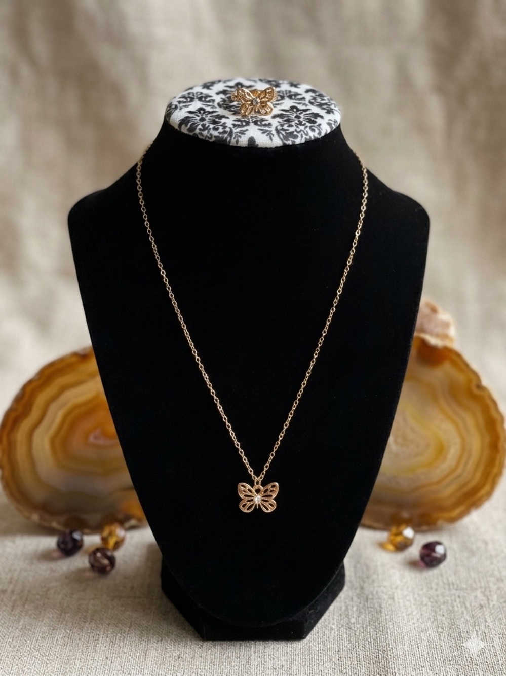 Adorable Gold-Tone Butterfly Pendant Necklace and Earring Set